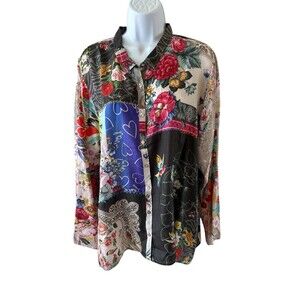 Johnny Was Blouse Julia Zippy Silk Multicolor Button Up Floral Print XL